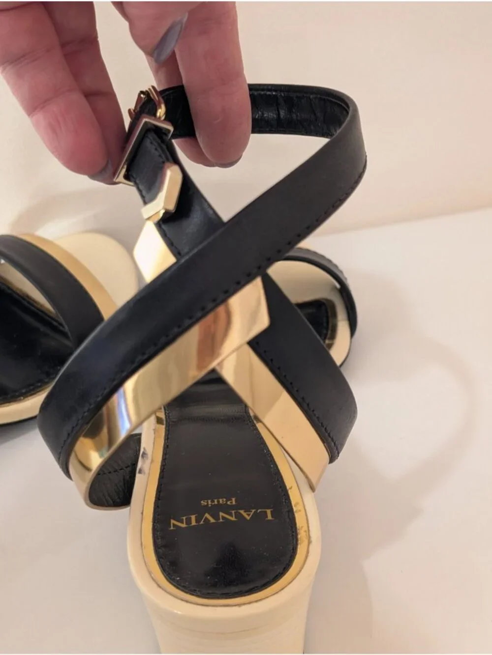 Lanvin Paris Mirror Cube Heel Sandal Black Gold Ivory, EU Size 38